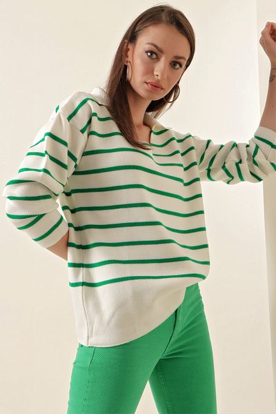hazelin Pulover de damă, alb, verde, cu dungi, cu gât polo, tricotaj, crop, Hzl23w-bd 1100841