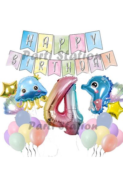 Parti Station Ocean Animals Sea Creatures 4 Year Old Balloon Set Jellyfish Sea Horse Happy Birthday Balloon Set