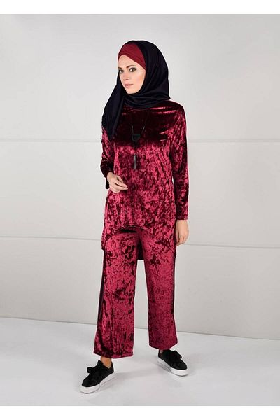 TRENDTESETTÜR طقم بنطلون مخملي غير متماثل باللون العنابي للنساء مكون من قطعتين 92141