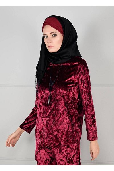 TRENDTESETTÜR طقم بنطلون مخملي غير متماثل باللون العنابي للنساء مكون من قطعتين 92141