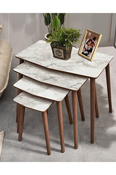 vovvahome VEGA 4LÜ DÖRTLÜ MDF AHŞAP ZİGON SEHPA - BEYAZ MERMER DESENLİ