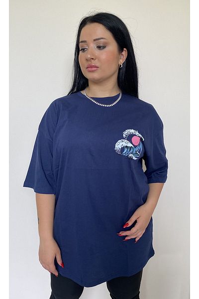 Butik Nilyam Large Size Women's T-Shirt Wave Printed 21021 Navy