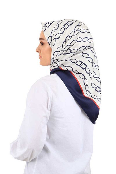 Bursa İpek Ecru Navy Blue Chain Pattern Twill Silk Scarf