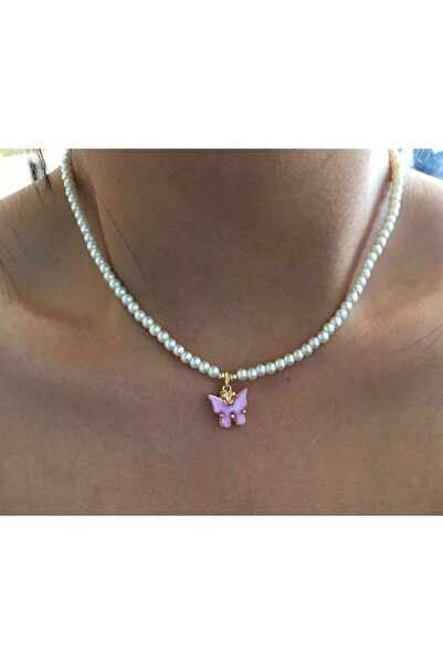 DGN Shoping İnci Taşlı Lila Kelebek Detaylı Tasarım Kolye