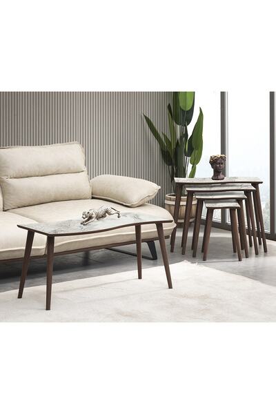 vovvahome SALSA 4LÜ DÖRTLÜ MDF AHŞAP ZİGON SEHPA VE ORTA SEHPA SETİ - BEYAZ M...