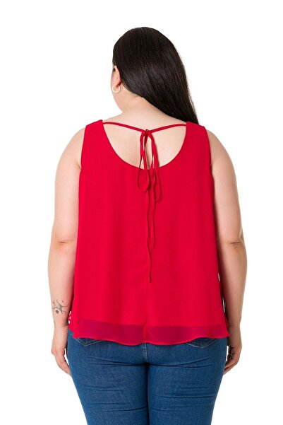 DISENTIS MODEST Plus Size Chiffon Red Blouse with Back Tie Detail