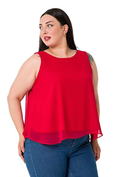 DISENTIS MODEST Plus Size Chiffon Red Blouse with Back Tie Detail