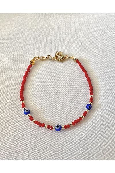 Atelier Çağla Red Glass Evil Eye Beaded Bracelet