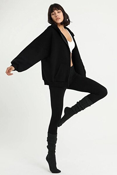 Machetta Μαύρη γυναικεία ζακέτα με φερμουάρ με κουκούλα χωρίς εκτύπωση