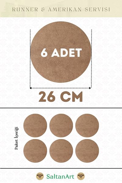 SaltanArt 26 cm Diameter 6 Pieces Charger American Service Runner MDF Drolit Magnet Base Wood 3 mm (2.7 mm) Thickness