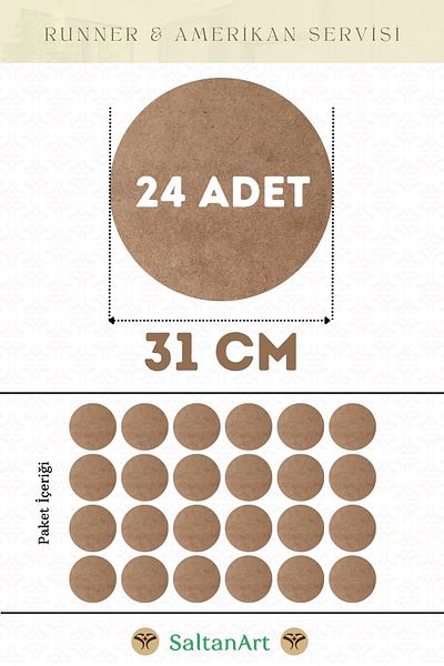 SaltanArt Диаметър 31 см, 24 броя, Supla American Service Runner, MDF, Drolit, магнитна основа, дърво, дебелина 3 мм (2,7 мм).