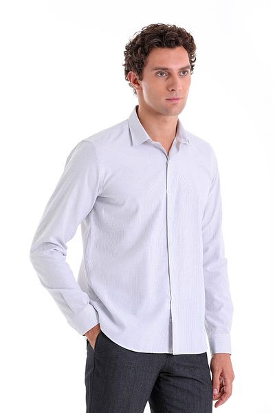 Hatemoğlu Gray Comfort Fit Striped Cotton Slim Collar Long Sleeve Casual Shirt