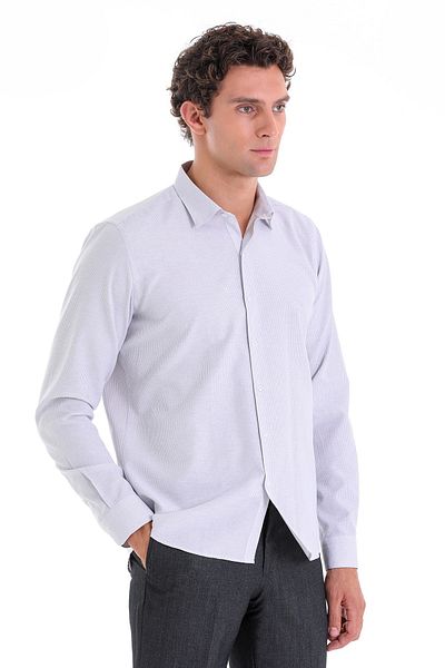 Hatemoğlu Γκρι Comfort Fit ριγέ βαμβακερό μακρυμάνικο πουκάμισο με λεπτή λαιμόκοψη