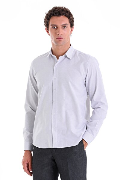 Hatemoğlu Gri Comfort Fit Çizgili Pamuklu Slim Yaka Uzun Kollu Casual Gömlek