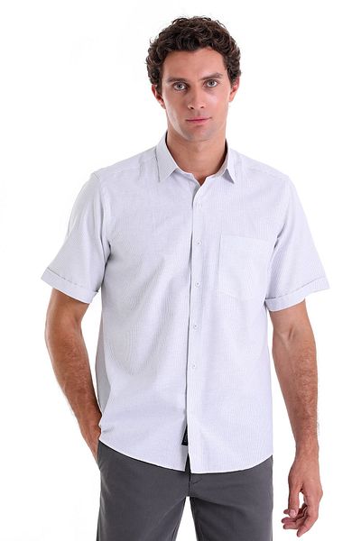 Hatemoğlu Gray Comfort Fit Checkered Cotton Slim Collar Short Sleeve Classic Shirt