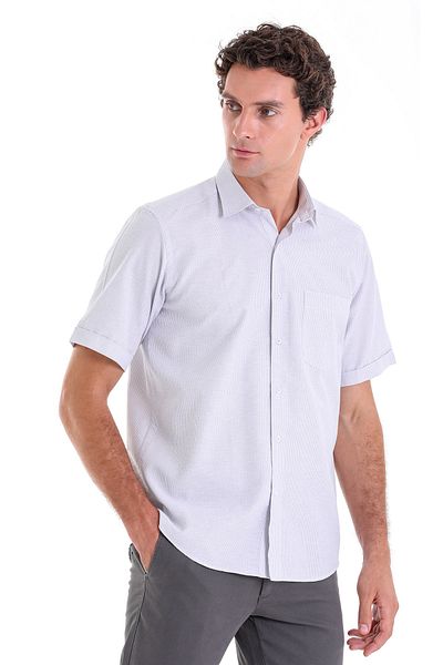 Hatemoğlu Gray Comfort Fit Checkered Cotton Slim Collar Short Sleeve Classic Shirt