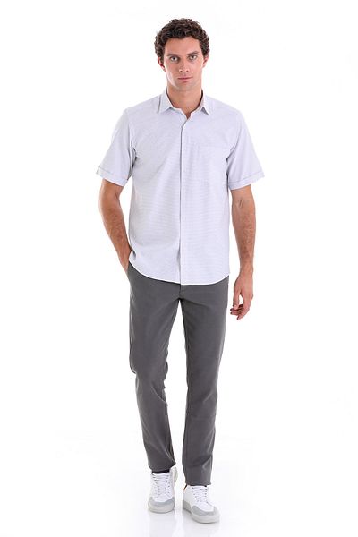Hatemoğlu Gray Comfort Fit Checkered Cotton Slim Collar Short Sleeve Classic Shirt