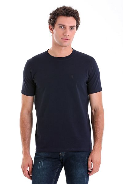 Hatemoğlu Βαμβακερό πλεκτό μπλουζάκι Navy Blue Regular Fit Crew Neck