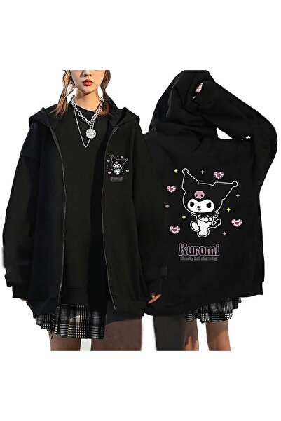 MECH BUTİK Hanorac cardigan supradimensionat cu fermoar, negru, imprimat Kuromi