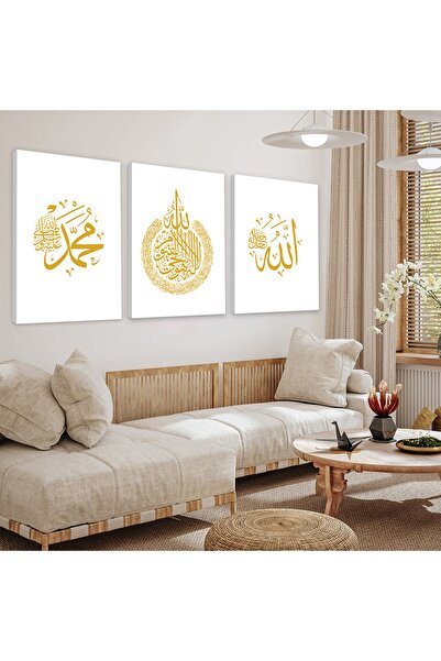 Zevahir Mobilya Dekorasyon Kanvas Beyaz Arka Planlı Altın Allah Ve Hz Muhamme...