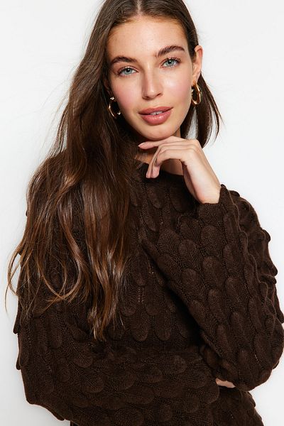 Trendyol Collection Brown Soft Textured Self Patterned Crew Neck Knitwear Sweater TWOAW24KZ00209