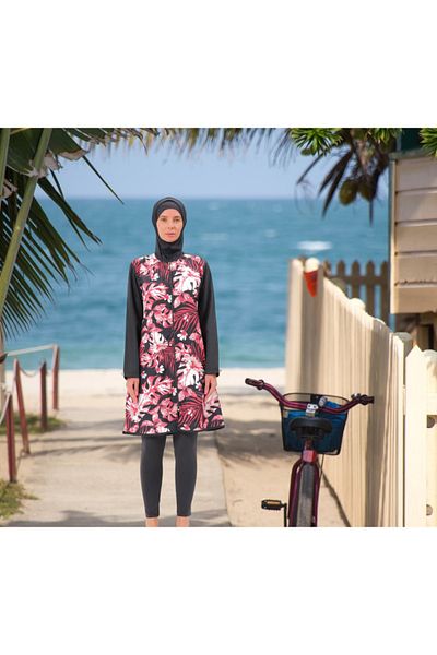 Shopiolog Long Micro Sleeve Floral Patterned Full Hijab Swimsuit