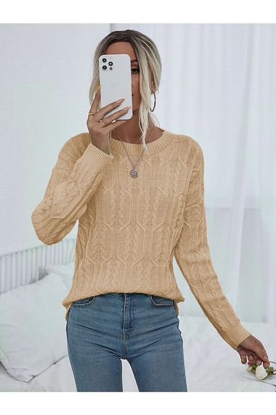 AQE FASHION Braided Patterned Crew Neck Stone Knitwear Sweater
