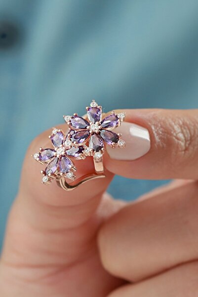 Silvano Jewelry 925 Ayar Gümüş Mor Lotus Çiçeği Küpe