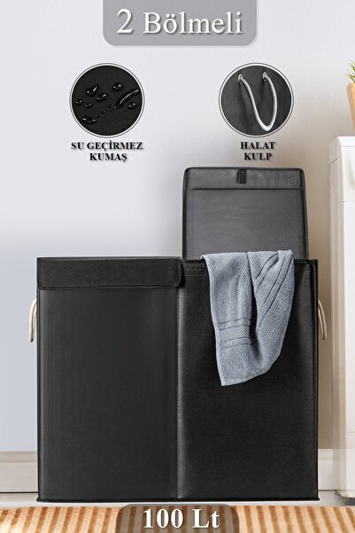 Meleni Home Iki Bölmeli Mega Boy Çamaşır Sepeti - Kulplu Katlanır Banyo Kirli Çamaşır sepeti 50 Lt + 50 Lt