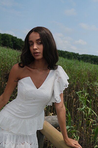 Roselenda Bianca Beyaz Tek Omuz Mini Fırfırlı Elbise