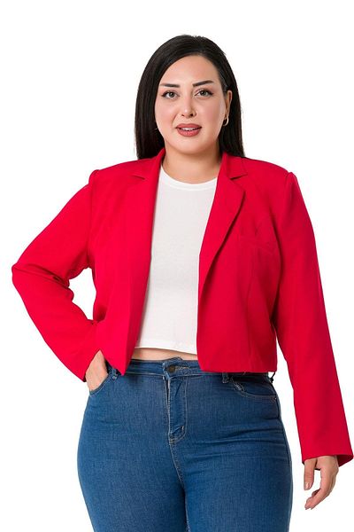DISENTIS MODEST Large Size Padded Unlined Short Red Jacket with Ornamental Pockets