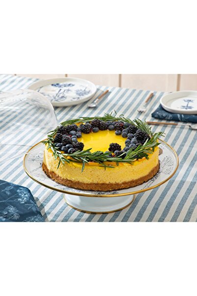 English Home Toile Botanical Emaye Kek Fanus 31 Cm Koyu Mavi-beyaz