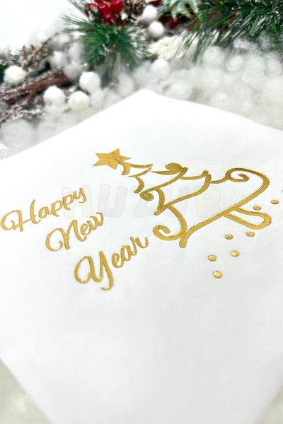 Huzur Party Store Gilded Christmas Napkin Happy New Year Pine Tree Shiny Printed White Color 16 Pieces 16x16 Cm