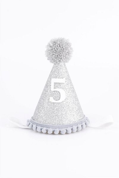 Le Mabelle 5 Year Old Funnel Birthday Crown with Pompom - Gray