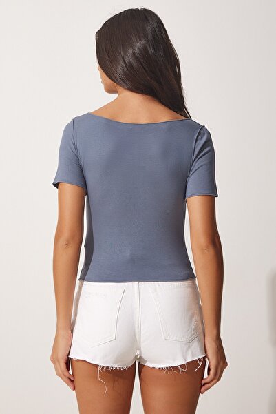 Happiness İstanbul Dámské triko s vyšívaným viskózovým křídlem v antracitové barvě UB00106