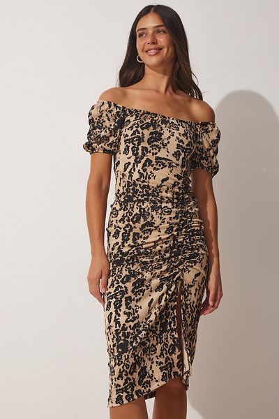 Happiness İstanbul Women's Black Beige Gathered Saran Summer Knitted Dress DD01202