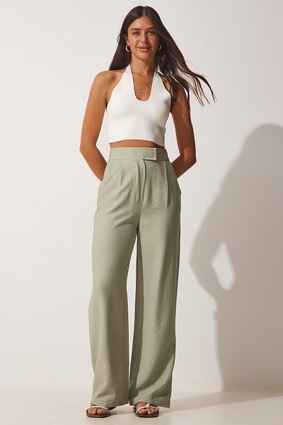 Happiness İstanbul Women's Green Velcro Closure Loose Linen Trousers BV00074