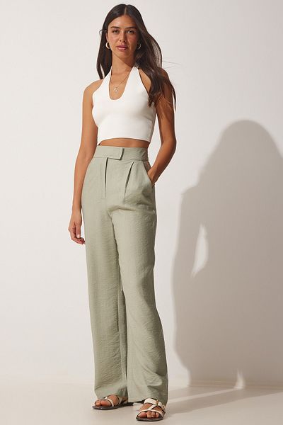 Happiness İstanbul Women's Green Velcro Closure Loose Linen Trousers BV00074