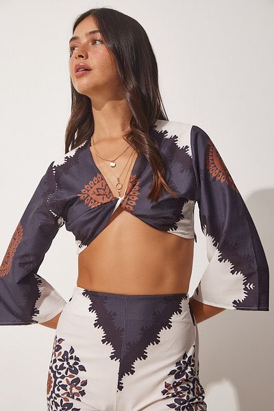 Happiness İstanbul Schwarzes gemustertes Sommer-Bluse-Hosen-Set für Damen DM00131