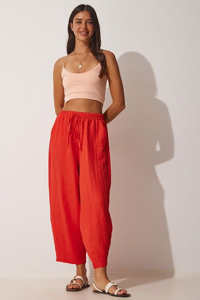 Happiness İstanbul Women's Pomegranate Blossom Pocketed Ayrobin Shalwar Trousers OH00046