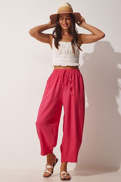 Happiness İstanbul Women's Dark Pink Pocketed Ayrobin Shalwar Trousers OH00046