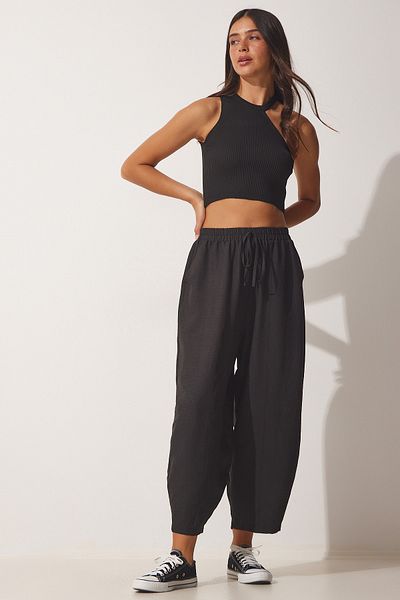 Happiness İstanbul Women's Black Pocketed Ayrobin Shalwar Trousers OH00046