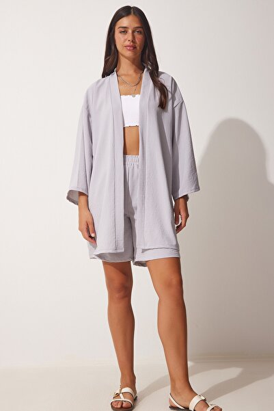 Happiness İstanbul Női, szürke, folyós Ayrobin kimonó rövidnadrág szett DZ00053