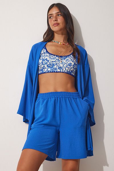 Happiness İstanbul Women's Blue Flowing Ayrobin Kimono Shorts Set DZ00053