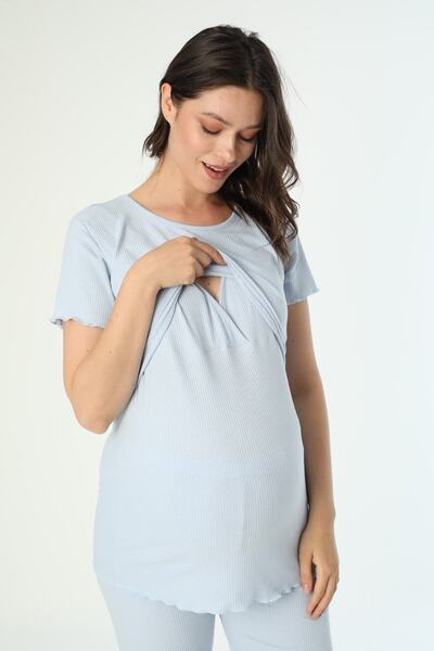 Miss Dünya Lissa Set de pijamale de maternitate și de maternitate din țesătură tricotată cu snur din bumbac albastru baby