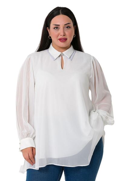 DISENTIS MODEST Bluză albă cu căptușeală din șifon cu două straturi, cu guler...