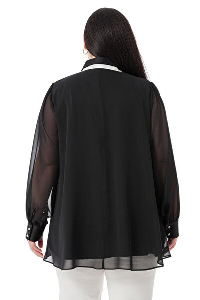 DISENTIS MODEST Plus Size Collar Double Layer Chiffon Lined Black Blouse