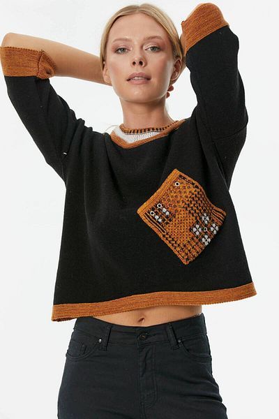 Sementa Pulover de tricotaj cu buzunar cu gât crew - negru