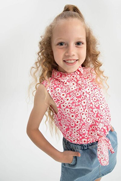 DeFacto Girl's Floral Tie-Up Sleeveless Shirt
