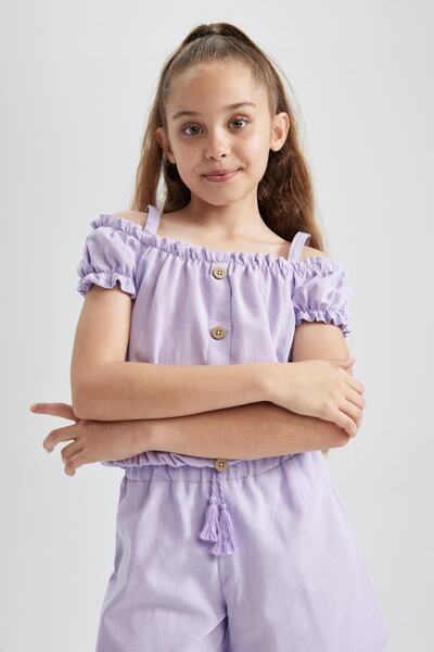 DeFacto Dziewczęca bluzka z krótkim rękawem, bez rękawów, o lnianym wyglądzie